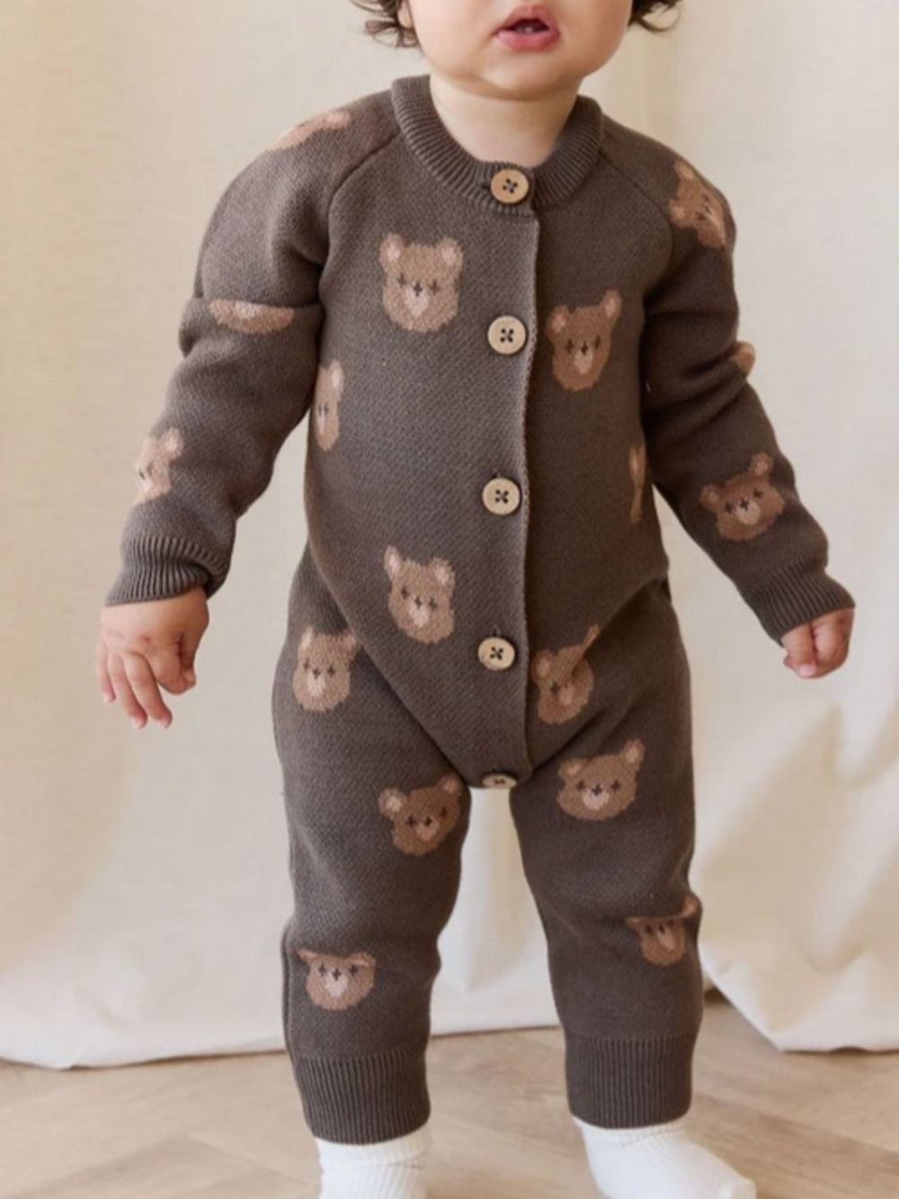 Jamie Kay Jack Bear Knit One-Piece 3–6 Months Brown Cotton